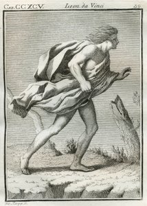 Studie eines Mannes, der gegen den Wind geht, mit vom Wind zerzausten Kleidern und Haaren und nach vorne geneigtem Körper. Gravur aus „Trattato della pittura“ von Leonardo da Vinci (1452-1519)