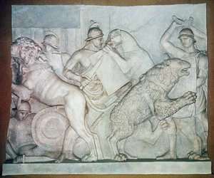 Kampf zwischen Tieren und Gladiatoren, Basrelief, Villa Torlonia, Rom von Unbekannter Künstler