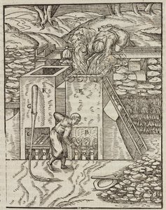 Ofen zum Erhitzen des Golderzes - Gravur aus Beschreibung der Erze und der wichtigsten Bergbaumethoden, von Lazarus Ecker
