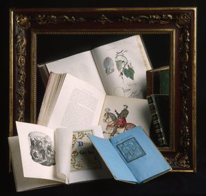 Rahmen aus lackiertem Holz in burgunder Farbe und Dekorationen mit geprägten Goldmotiven, Ende 19. Jahrhundert. Verschiedene offene Bücher: Anatomischer Atlas mit handkolorierten Tafeln von Unbekannt