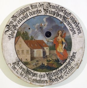Fränkisches Museum Feuchtwangen, Mittelfranken, Bayern. Schützenscheibensammlung Hochzeitsscheibe von 1756 mit Göttin Fortuna