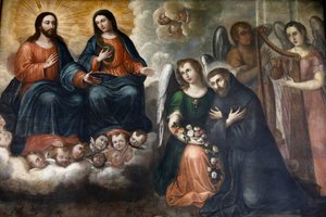 Fray Pedro Gocial Museum im Kloster San Francisco, Quito, Ecuador. Gemälde, das Jesus und Maria zeigt, die San Francisco erscheinen (Fotografie)