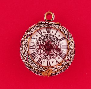 Französische Taschenuhr mit goldener Hülle, emailliert mit weißen Blumen und Laub mit schwarzen Markierungen, von Goullons, ca. 1650 von Unbekannt