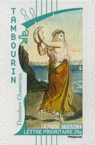 Französische Briefmarke mit einer Zigeunerin, die Tamburin spielt, nach einem Gemälde des französischen Künstlers Théodore Chassériau