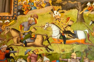 Fresko; Shah Ismail auf einem weißen Pferd in der Schlacht von Taher Abad; 1510; gegen die Usbeken in Merv; Chehel Sotoun; Vierzig-Säulen-Palast; Isfahan; Iran; Asien von Unbekannt
