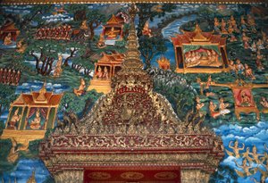 Fresko und architektonisches Detail, Wat That, große heilige Stupa, die im 20. Jahrhundert in Luang Prabang wieder aufgebaut wurde (Unesco-Welterbeliste) von William M. Timlin