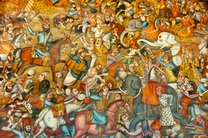 Fresko; Schlacht; Schlacht von Nadir Shah in der Schlacht von Karnal; 1739; auf einem Pferd; gegen Sultan Mohammed Shah Gurkani auf einem weißen Elefanten; Chehel Sotoun; Vierzig-Säulen-Palast; Isfahan; Iran; Asien von Unbekannt