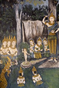 Fresko, das eine Szene aus dem Leben des Buddha darstellt, im Wat Phra Doi Suthep, Chiang Mai, Thailand. Buddha als Kind