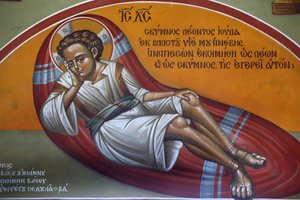 Fresko in der Heilig-Kreuz-Kirche, Pedoulas. Jesus (Emmanuel) schlafend, 20150510, Pedoulas, Zypern