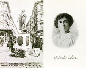 Gabrielle Petit und das ihr zu Ehren errichtete Denkmal in Brüssel, Gedenkkarten, ca. 1925 (Lithografie) von Unbekannter Künstler