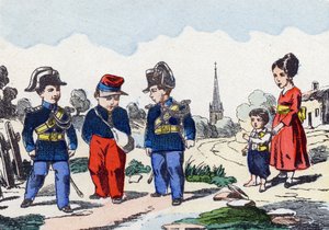Gendarmen. Gravur in "Alphabet militaire enfantin". Bildgebung von Pont-a-Mousson, um 1890. 20 Seiten.