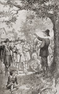 George Fox predigt 1671 einer Menge in Maryland, Amerika, während eines viertägigen Treffens lokaler Quäker. George Fox
