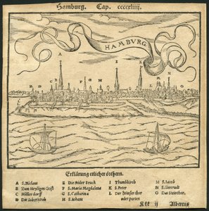 Deutschland, Hamburg, Blick auf die Stadt, im Vordergrund der Fluss Elbe, Illustration aus der Cosmographia von Sebastian Münster, ca. 1570 (Gravur)