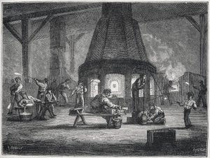 Glasherstellung in der zweiten Hälfte des 19. Jahrhunderts: Kinder bei der Arbeit, ca. 1880 (Gravur)