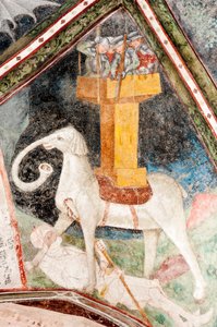 Gotisches Fresko; Eleazar Awaran tötet den Kriegselefanten Soliman und wird von ihm zerquetscht; 3. Kreuzgang; Kathedrale; Brixen; Südtirol; Italien; Europa von Unbekannt