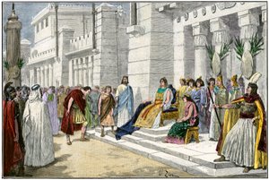 Griechische und römische Mythologie: Dido (oder Elissa), legendäre Gründerin und erste Königin von Karthago (Tunesien), empfängt Aeneas, den Helden des Trojanischen Krieges und Gründer von Lavinium, ursprünglich aus Rom (Italien). Kolorierte Gravur des 19.