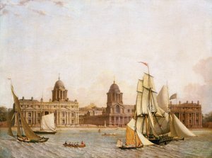 Greenwich Hospital (England), von Isle of Dogs (Nordufer der Themse), mit der Navigation einer Vielzahl von Booten auf dem Fluss, um 1830-1840 von Unbekannter Künstler