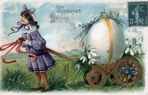 Ostergrußkarte: ein kleines Mädchen fängt ein riesiges Ei in einem Wagen - Postkarte Ende 19. Anfang 20. Jahrhundert von William M. Timlin