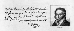 Handschrift und Unterschrift von Rossini aus einem Brief zur Organisation eines Konzerts für Baronne de Rothschild