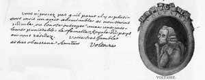 Handschrift und Unterschrift von Voltaire, aus einem Brief geschrieben in Colmar an den französischen Minister am Hof von Friedrich dem Großen in Berlin, den Chevalier de la Touche, 3. März