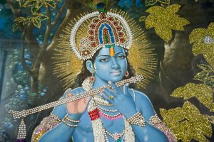 Hinduismus; Gemälde von Lord Krishna mit Flöte; Durgiana Mandir Vishnu Tempel; Amritsar; Punjab; Indien; Südasien; Asien von Unbekannt