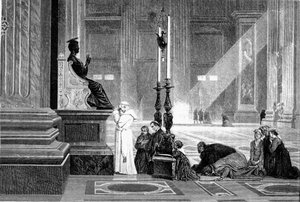 Geschichte des antiken Roms. Papst Pius IX. im Gebet vor der Statue des hl. Petrus in der Vatikanbasilika, Stich von G. Laplant 1867