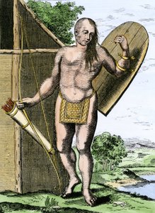 Geschichte der indigenen Völker: Ein Indianer aus Kanada mit einem Schild, einem Bogen und Pfeilen in einem Köcher von Unbekannter Künstler