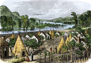 Geschichte der indigenen Völker: Mohawk-Dorf, New York, um 1780. Farbige Gravur des 19. Jahrhunderts