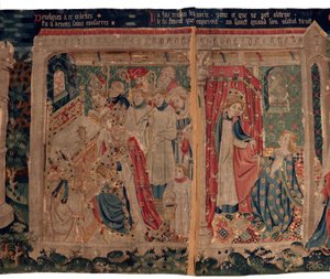 Geschichte von Saint Piat und Saint Eleuthère, auch Tapisserie von Arras genannt. Bestellt von Kanonikus Toussaint Prier, Kaplan des Herzogs von Burgund, Ende des 14. bis Anfang des 15. Jahrhunderts. 22m x 2m. Detail (Tapisserie)