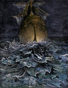 Ich beobachtete das Meer in Zersetzung, der Rumpf eines Schiffes auf dem Meer bei Nacht - Illustration von Gustave Doré (1832-1883) für „La Lournte du vieux sailor“ von Samuel Taylor Coleridge (1772-1834) - Kolorierte Gravur