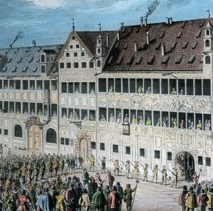 Vor dem Fuggerhaus am Weinmarkt in Augsburg huldigen die Menschen dem schwedischen König Gustav Adolf