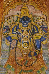 Indien, Tamil Nadu, Srirangam, Sri Ranganathasvami Hindu-Tempel (ursprünglich 10. Jahrhundert), Wandmalerei von Vishnu