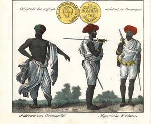 Indische Kostüme: ein Mann von der Koromandelküste und zwei Soldaten aus Mysore (oder Maissour). Mit einer Goldmünze der East India Company. Lithographie aus dem Buch: „Galerie complète en tableaux fidèles des peuples d