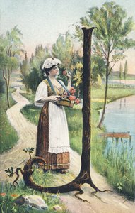 J: Eine Frau in langem Rock, Schürze und Mieder trägt einen Korb mit Blumen. Ländliche Umgebung - Alphabet Figuren Ref Th. E., L. Theochrom - Serie 994. Theodor Eisman, Verleger, Leipzig von Unbekannt
