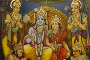 Jalaram Prathna Hindu-Tempel, Leicester. Fresko. Ram, Sita mit Lakshman zu Rams rechter Seite und Hanuman kniend, und Gläubige, Vereinigtes Königreich von Unbekannt