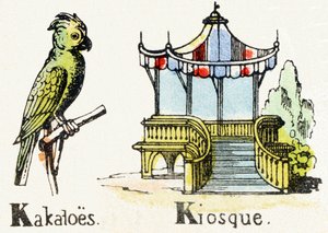 K - Kakadu Kiosk - Kinderunterhaltungsalphabet ca. 1890 (Lithographie)