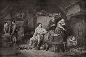 König Alfred in der Hütte des Hirten. Alfred der Große, ca. 848–899. König von Wessex. Die Legende erzählt, wie Alfred, als er in die Somerset Levels floh, von einer Bäuerin Unterschlupf erhielt, die, ohne seine Identität zu kennen, ihn bat, einige Kuchen  von Unbekannter Künstler