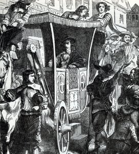 König Karl I. wird von der Menge verhöhnt nach dem gescheiterten Versuch, die fünf Parlamentsmitglieder John Pym, John Hampden, Denzil Holles, William Strode und Arthur Haselrig am 4. Januar 1642 zu verhaften. 19. Jahrhundert (Gravur aus „Geschichte der We von Unbekannter Künstler