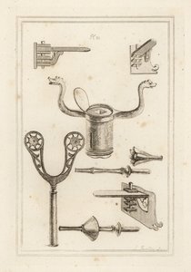 Lanzenstütze 1,2,3, Musketenstütze 4,5, Koronel oder Krone von einer Turnierlanze 6, Stab oder Griff einer Turnierlanze mit Handprotektor 7, und Turnierlanze ohne Handprotektor 8 von Unbekannt
