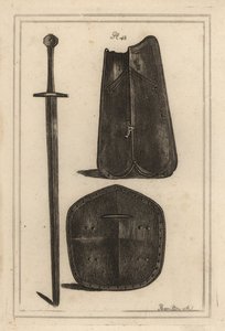 Große Brustplatte oder Kürass, Schild in der Mitte durchbohrt und zweihändiges Schwert, das alles dem Grafen von Warwick gehörte von Unbekannt