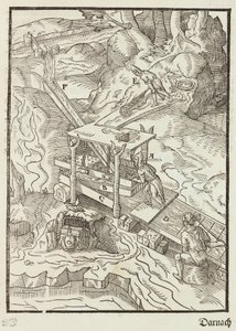 Waschen des Golderzes - Gravur aus Beschreibung der Erze und der wichtigsten Methoden des Bergbaus, von Lazarus Ecker