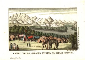 Le Vaillants Lager am Ufer des Oranje-Flusses im Richtersveld. Eine Giraffenhaut wird auf einem Rahmen präpariert. Von Francois Le Vaillant
