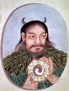 Legendärer chinesischer Kaiser Fu Hi, einer der Gründer des Taoismus (2582 v. Chr.), er trägt das Medaillon mit Yin und Yang, chinesische Gravur, Ende des 18. Jahrhunderts