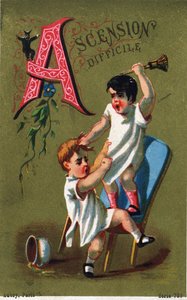 Buchstabe A: Schwieriger Aufstieg. Gravur in "Alphabet des grotesques". Serie von 25 Werbechromolithographien auf goldenem Hintergrund, Ende des 19. Jahrhunderts. von Unbekannt