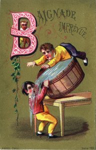 Buchstabe B: Unvorhergesehenes Baden. Gravur in "Alphabet des grotesques". Serie von 25 Werbe-Chromolithographien auf goldenem Hintergrund, Ende des 19. Jahrhunderts. von Unbekannt