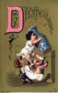 Buchstabe D: Degringolade. Gravur in "Alphabet des grotesques". Serie von 25 Werbe-Chromolithographien auf goldenem Hintergrund, Ende des 19. Jahrhunderts. von Unbekannt