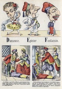 Buchstaben D, E und F: Tänzer, Lebensmittelhändler und Infanterie. Alphabet des orientalischen Märchens. Epinal-Bildgebung, um 1890. Beliebte Serie. Kleines Heft mit 8 Seiten.
