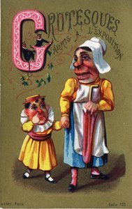 Buchstabe G: Grotesken zur Ausstellung zugelassen. Gravur in "Alphabet des grotesques". Serie von 25 Werbe-Chromolithographien auf goldenem Hintergrund, Ende des 19. Jahrhunderts. von Unbekannt