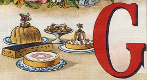 Buchstabe G: Kuchen. Gravur in "Alphabet de ma petite fille". Bernardin-Bechet und Fils, Buchhändler-Verleger, Paris, um 1895.
