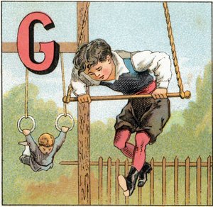Buchstabe G für Gymnastik. Gravur im "Alphabet der kleinen Schüler"